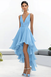 Himmelblaues Asymmetrisches Ballkleid mit V-Ausschnitt und Rüschen